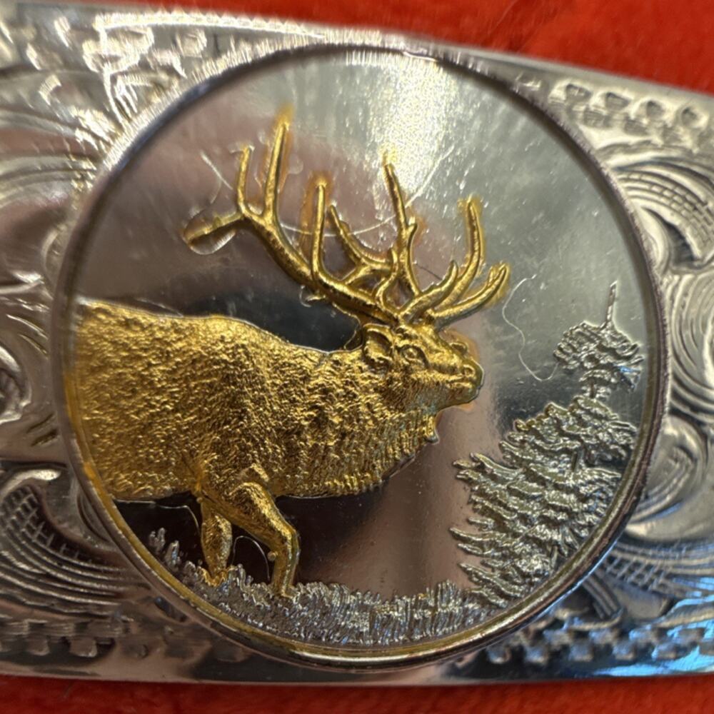 German Silver Western Americana Engraved Cuff Bracelet Gold Elk Motif - Picture 2 of 7